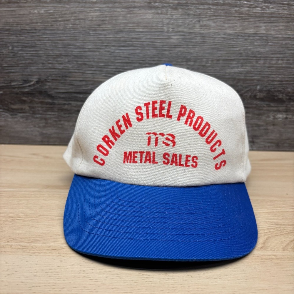 Vintage Corken Steel Products Hat Cap Snap Back White Blue Metal Sales HVAC 90s